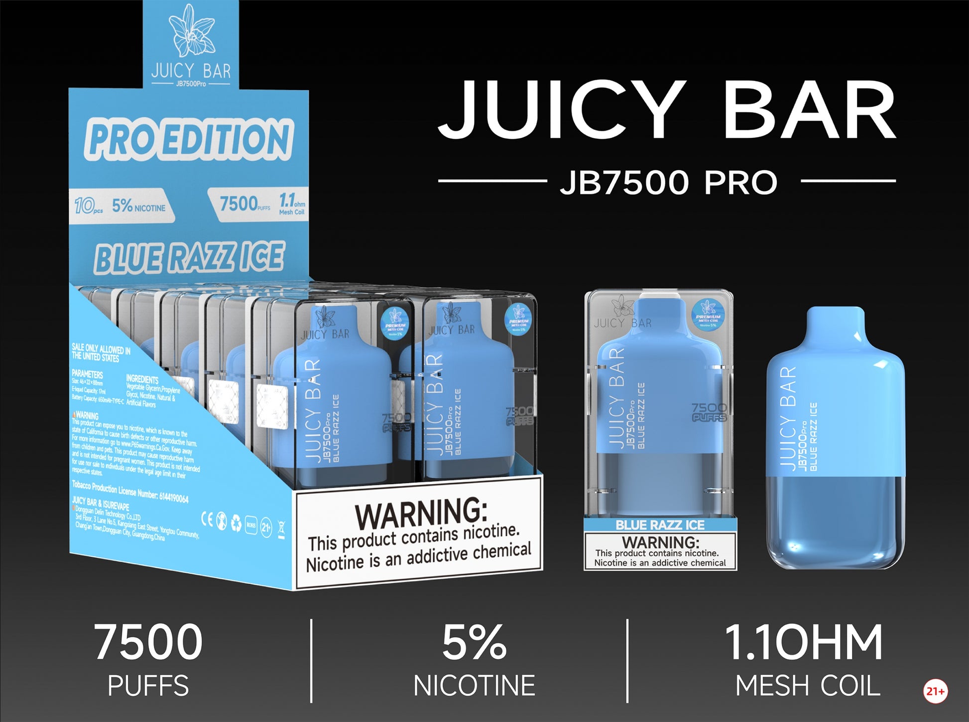 Juicy Bar Pro Edition 7500 Puffs 5% | Blue Razz Ice with packaging