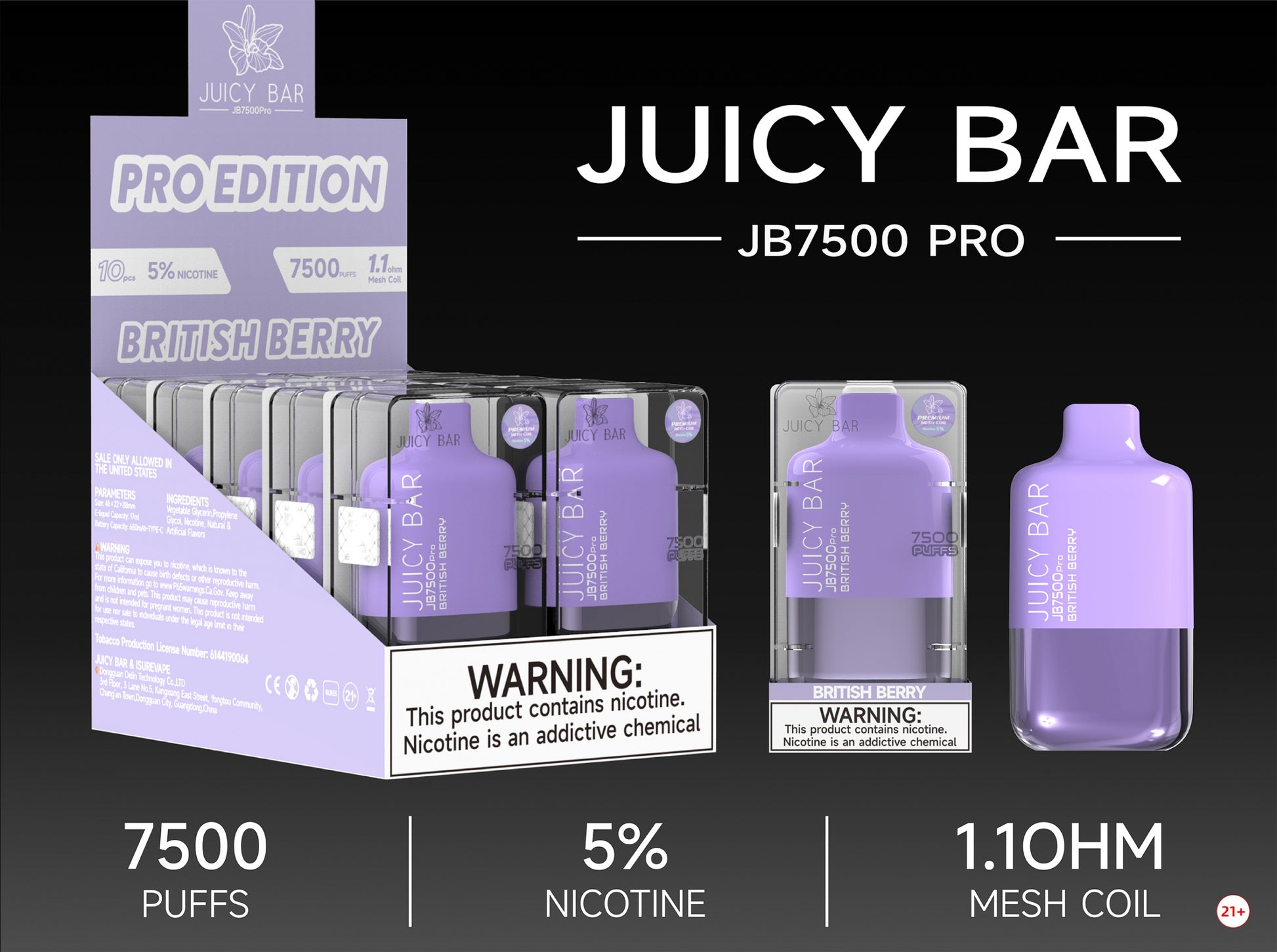 Juicy Bar Pro Edition 7500 Puffs 5% | British Berry with packaging