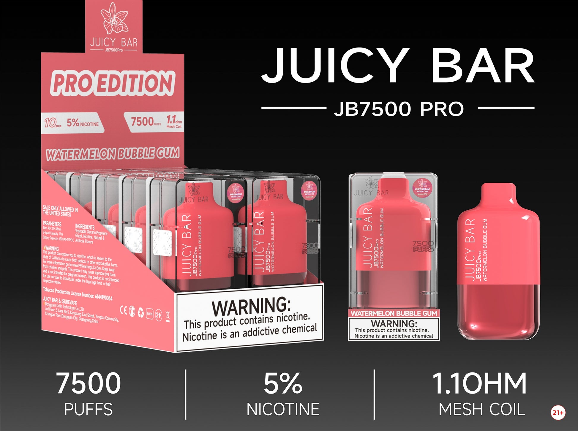 Juicy Bar Pro Edition 7500 Puffs 5% | Watermelon Bubble Gum with packaging