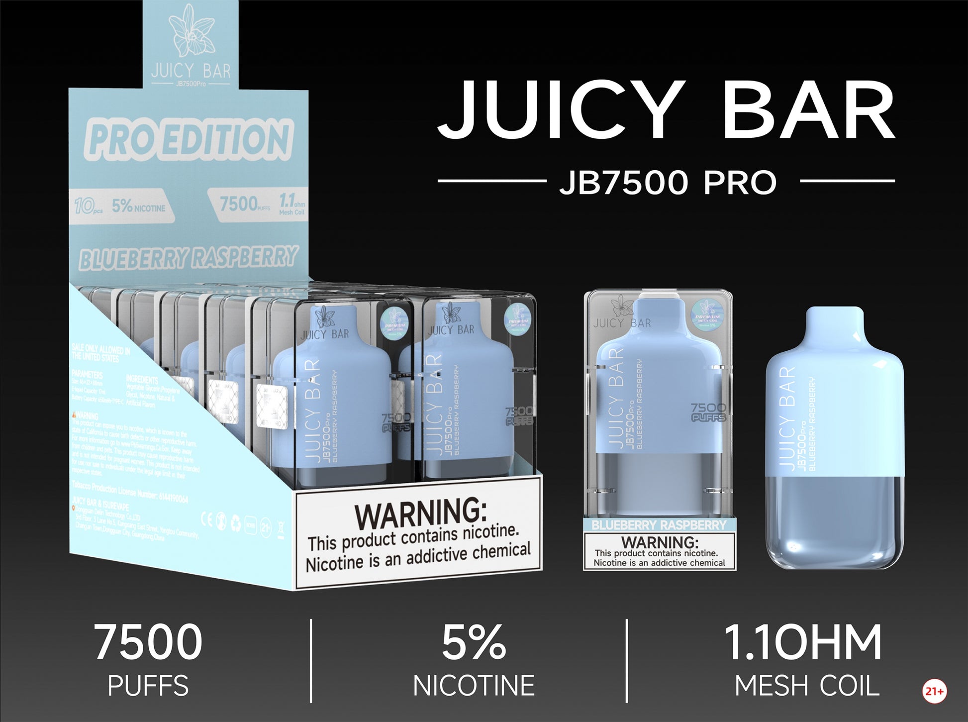 Juicy Bar Pro Edition 7500 Puffs 5% | Blueberry Raspberry with packaging
