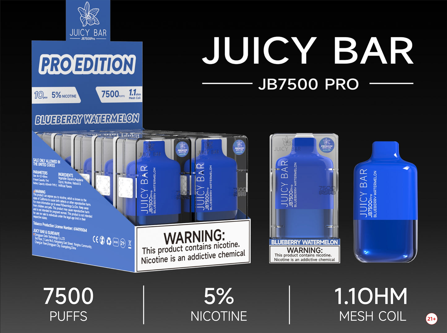 Juicy Bar Pro Edition 7500 Puffs 5% | Blueberry Watermelon with packaging