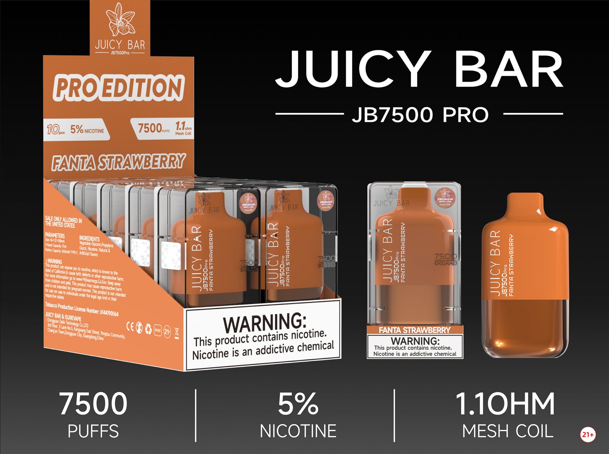 Juicy Bar Pro Edition 7500 Puffs 5% | Fanta Strawberry with packaging