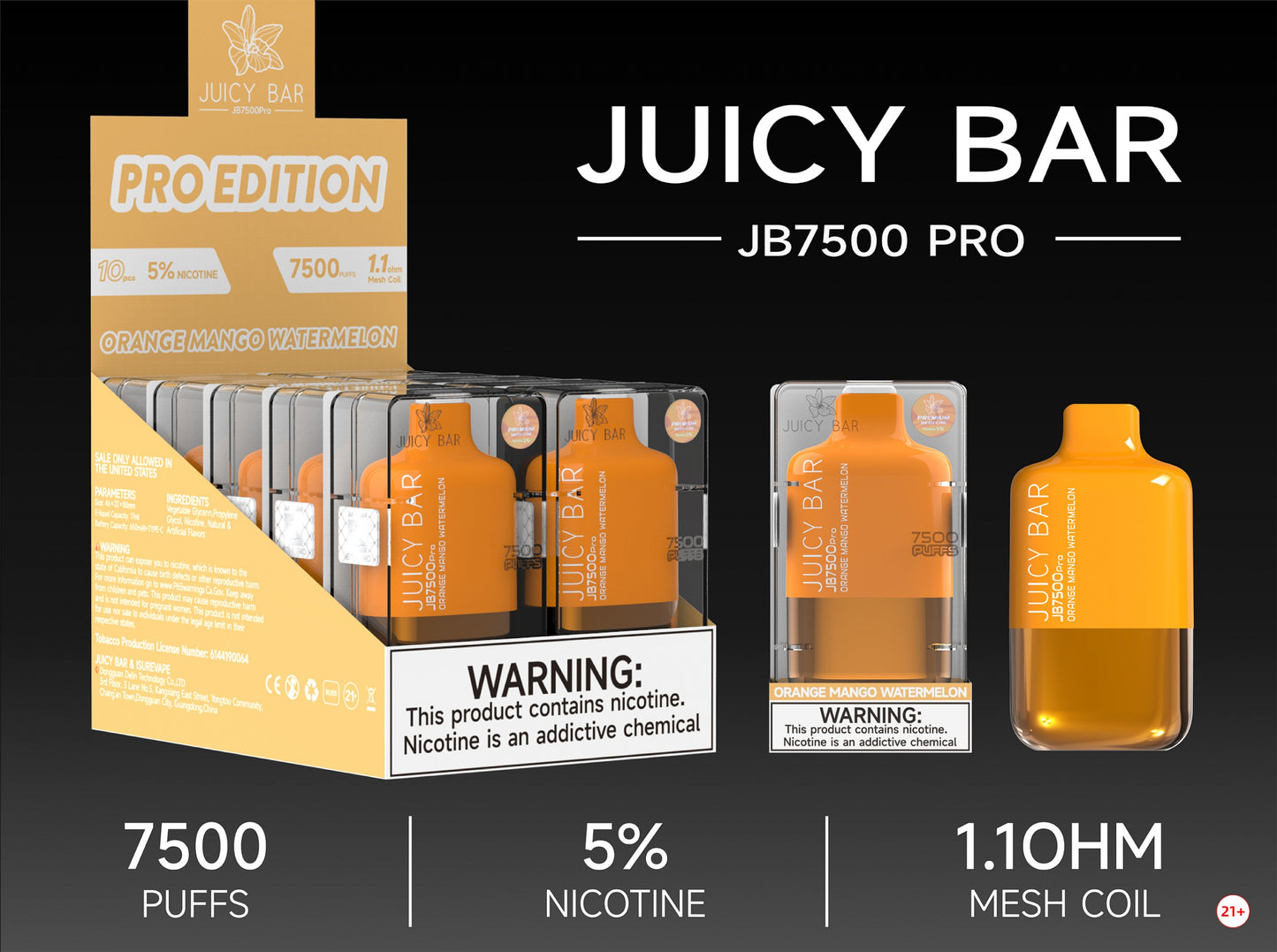 Juicy Bar Pro Edition 7500 Puffs 5% | Orange Mango Watermelon with packaging