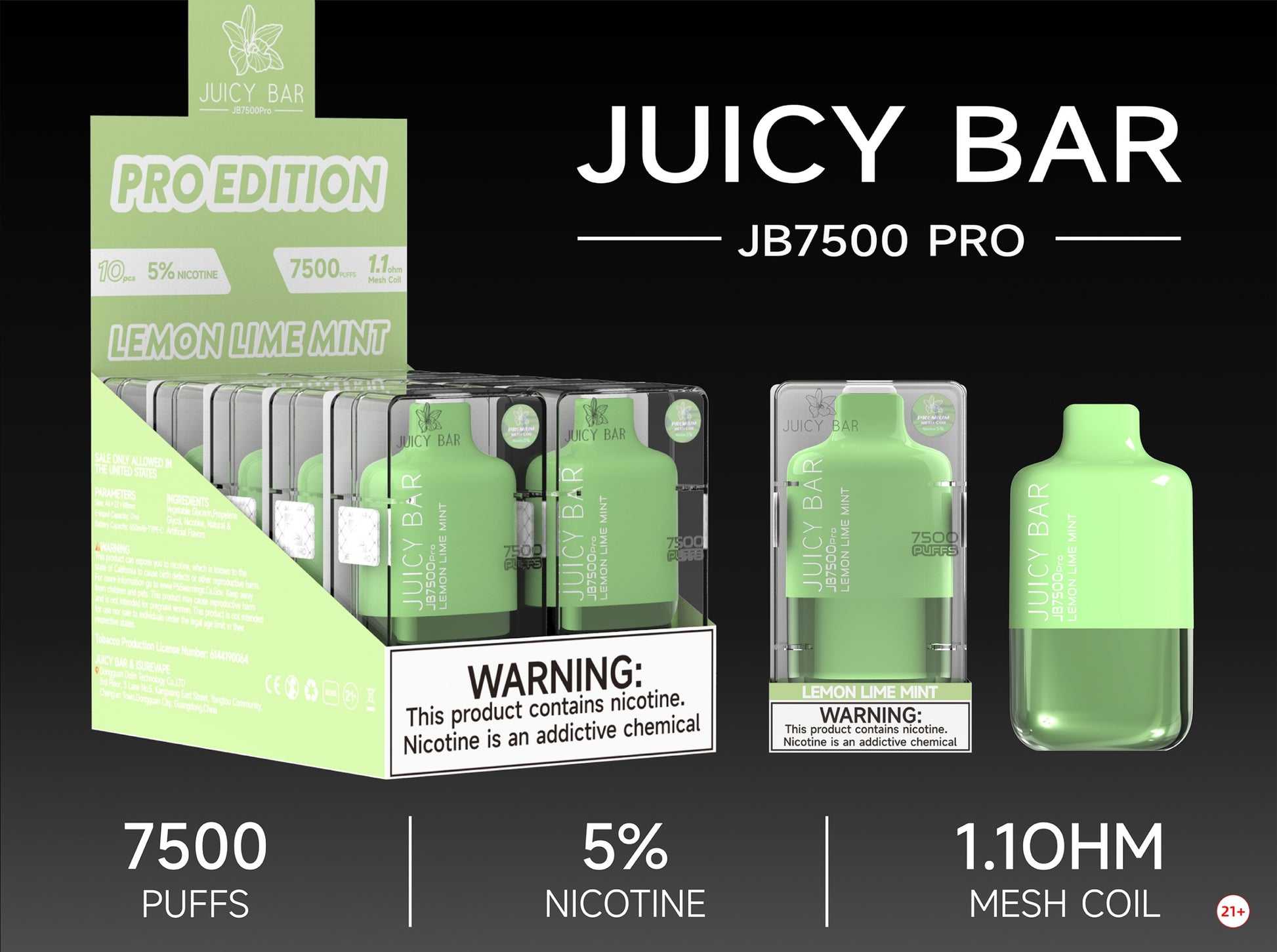 Juicy Bar Pro Edition 7500 Puffs 5% | Lemon Lime Mint with packaging