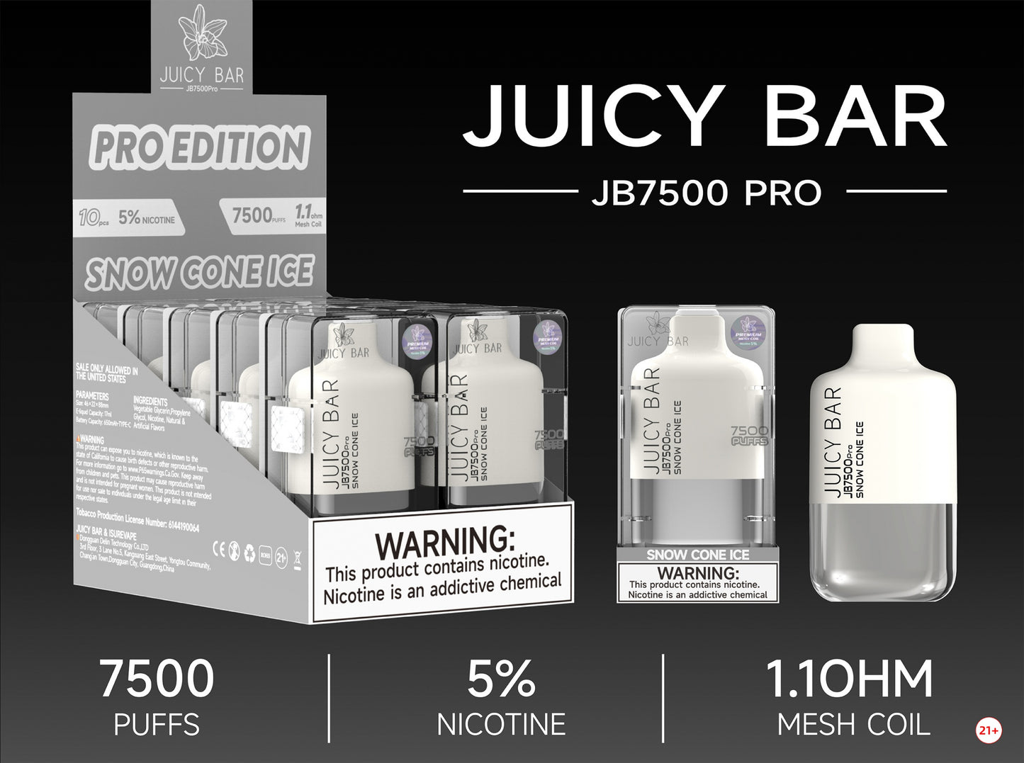 Juicy Bar Pro Edition 7500 Puffs 5% | Snow Cone Ice with packaging