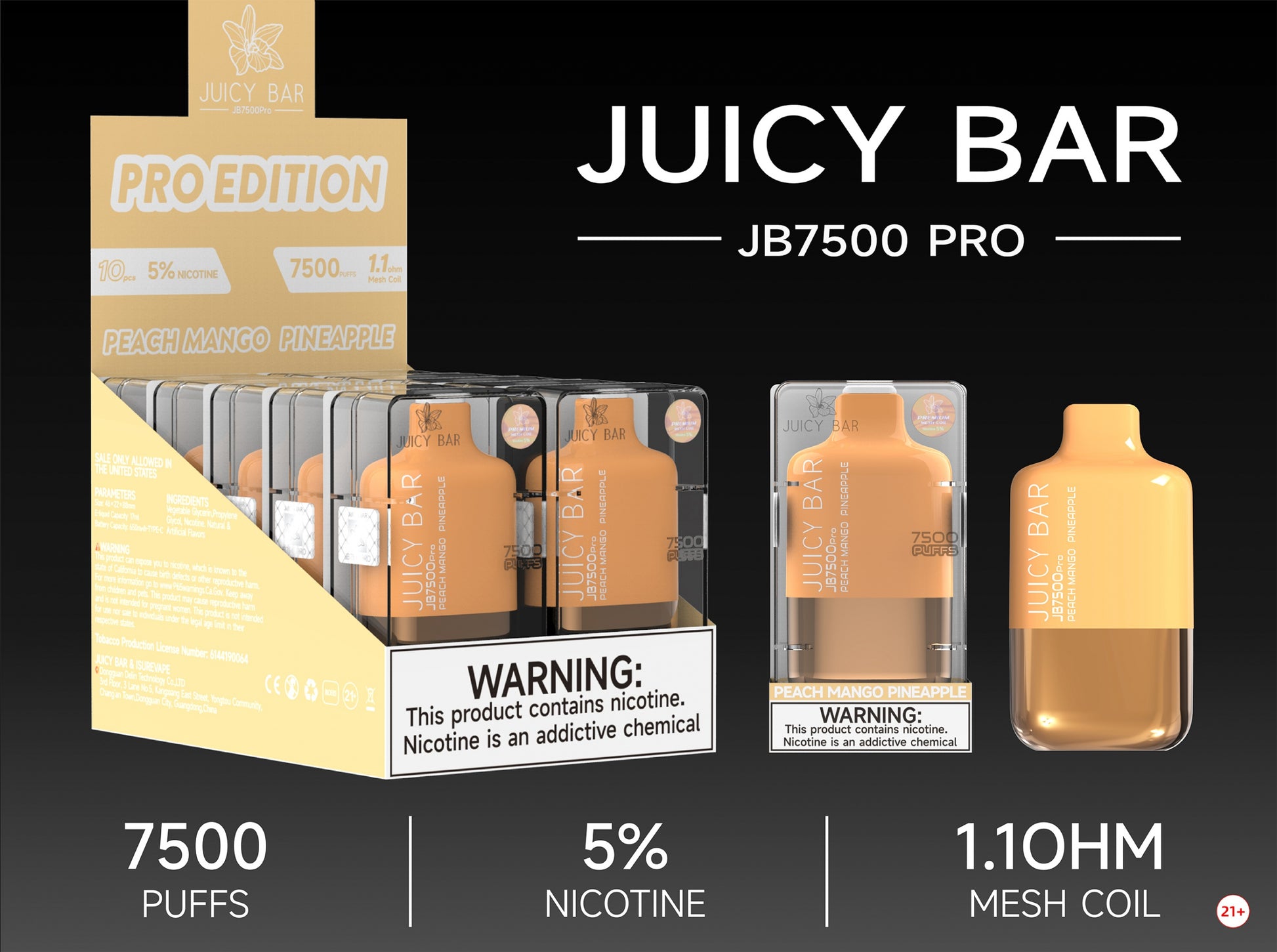 Juicy Bar Pro Edition 7500 Puffs 5% | Peach Mango Pineapple with packaging