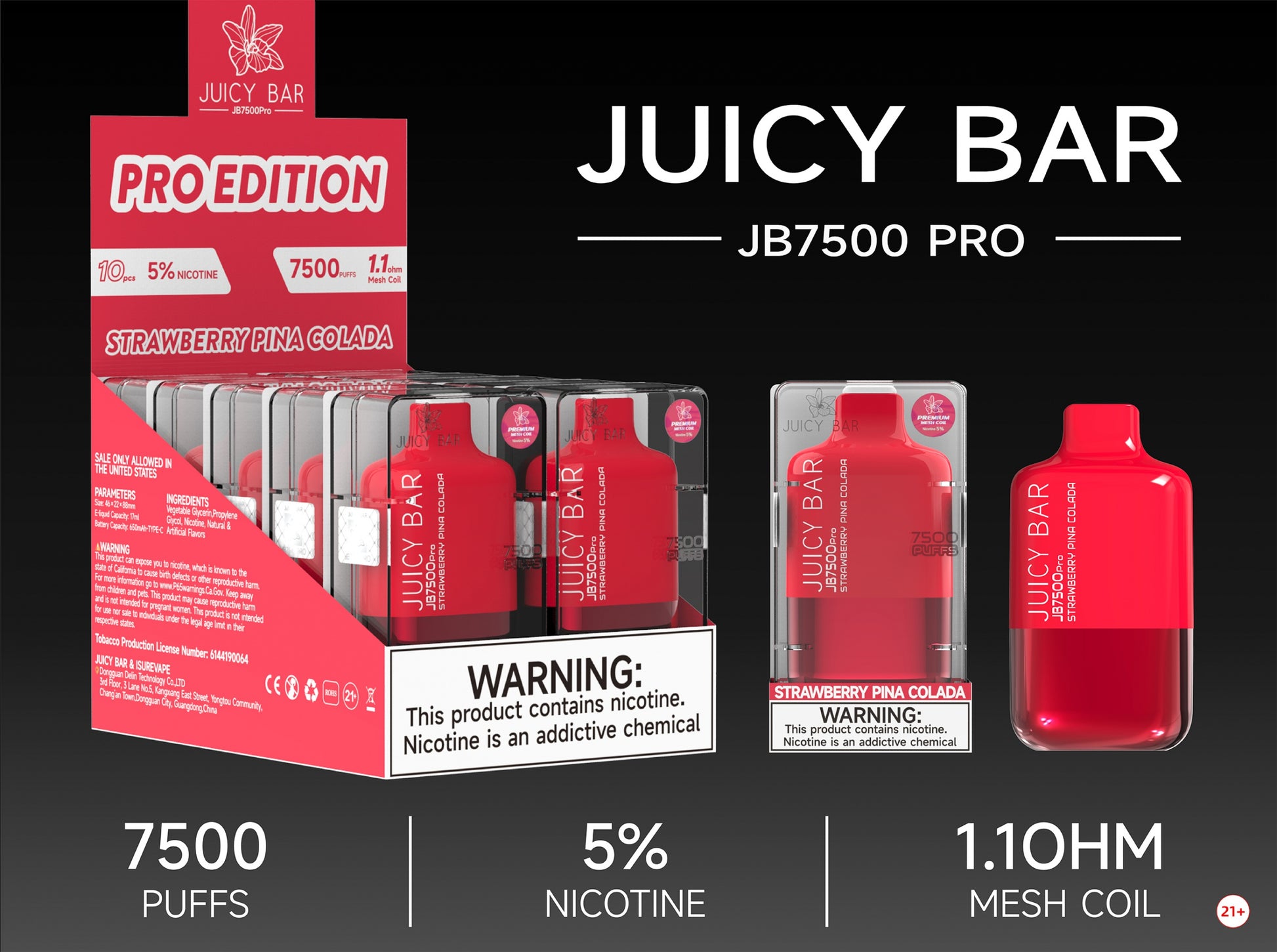 Juicy Bar Pro Edition 7500 Puffs 5% | Strawberry Pina Colada with packaging