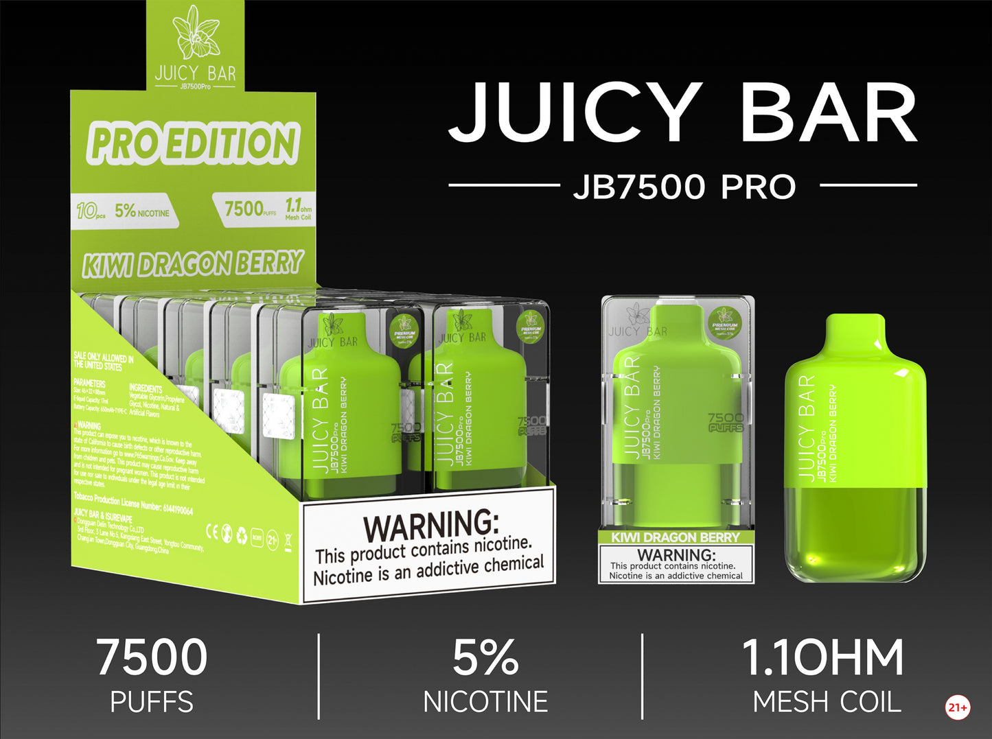 Juicy Bar Pro Edition 7500 Puffs 5% | Kiwi Dragon Berry with packaging