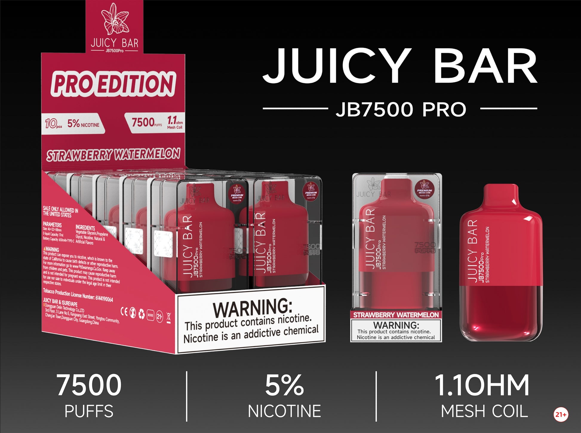 Juicy Bar Pro Edition 7500 Puffs 5% | Strawberry Watermelon with packaging