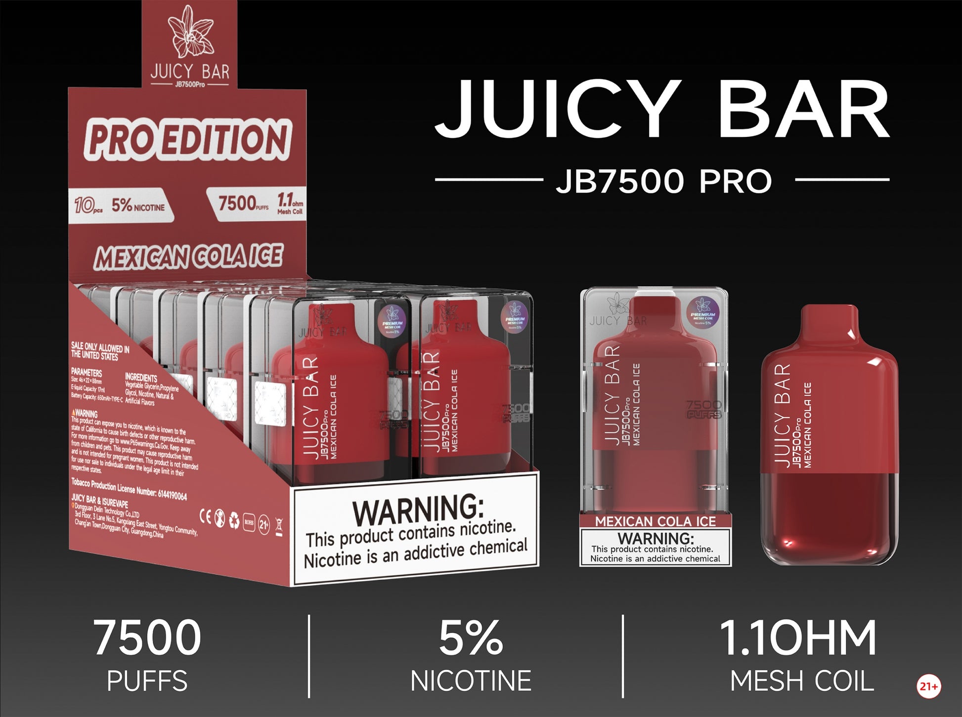 Juicy Bar Pro Edition 7500 Puffs 5% | Mexican Cola Ice with packaging