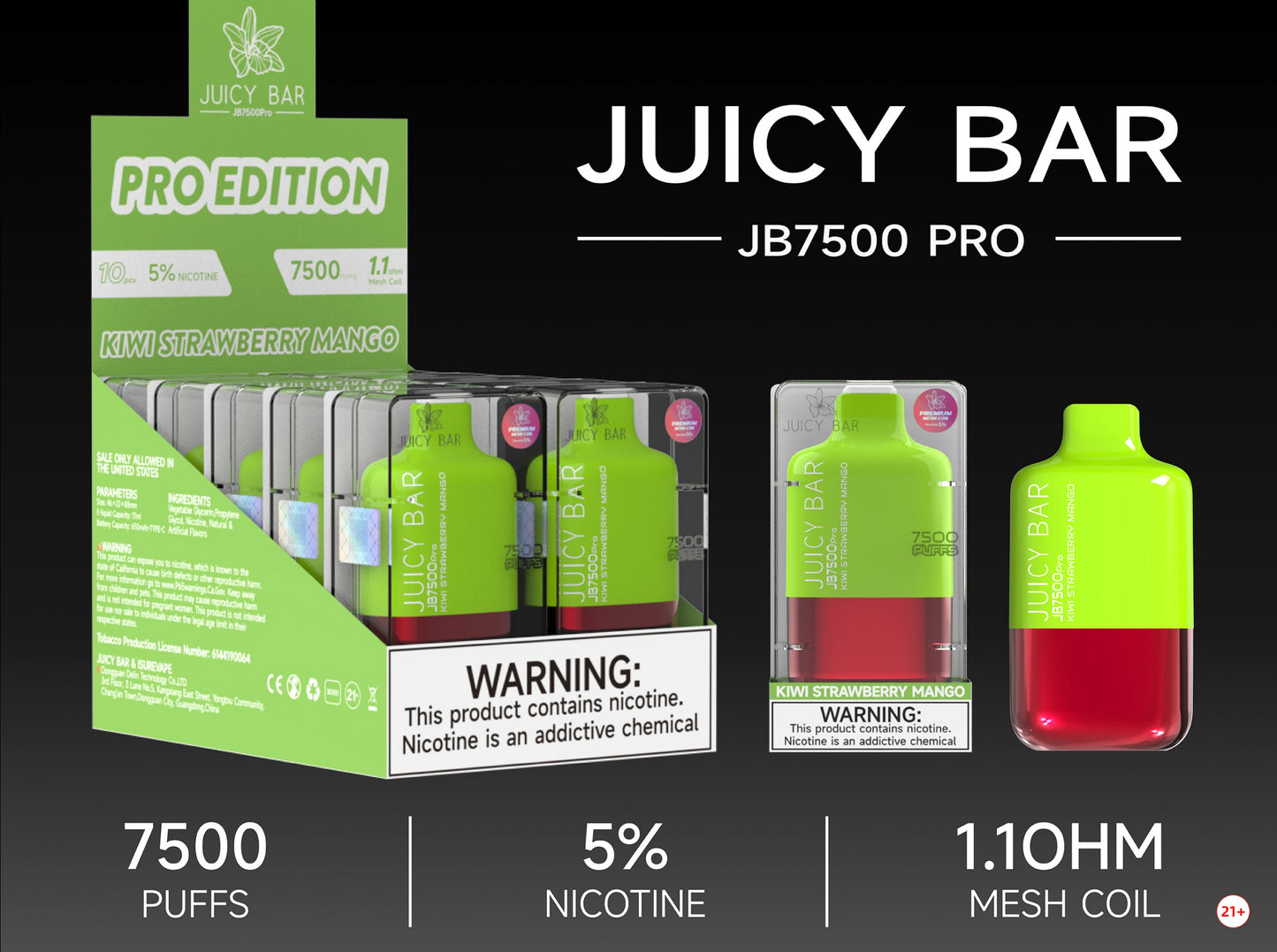 Juicy Bar Pro Edition 7500 Puffs 5% | Kiwi Strawberry Mango with packaging