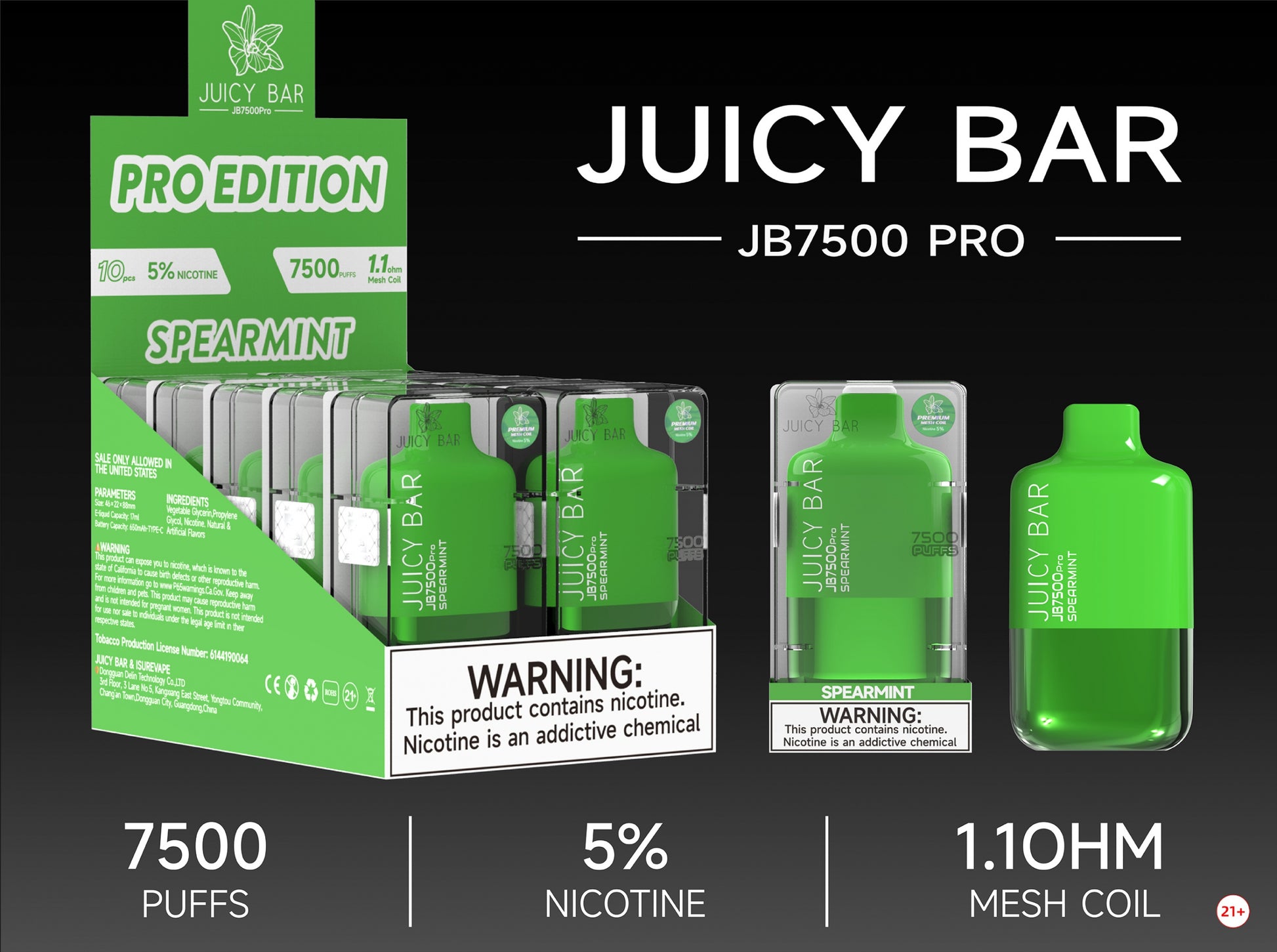 Juicy Bar Pro Edition 7500 Puffs 5% | Spearmint with packaging