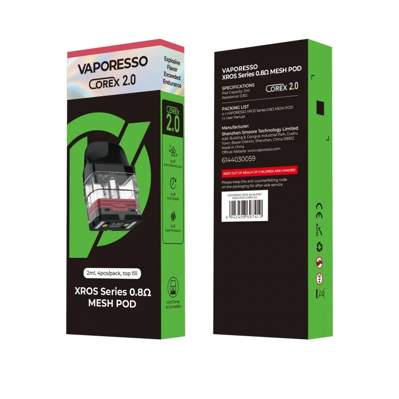 VAPORESSO XROS SERIES 0.8OHM 2ML MESH POD COREX 2.0 4PK WITH PACKAGING