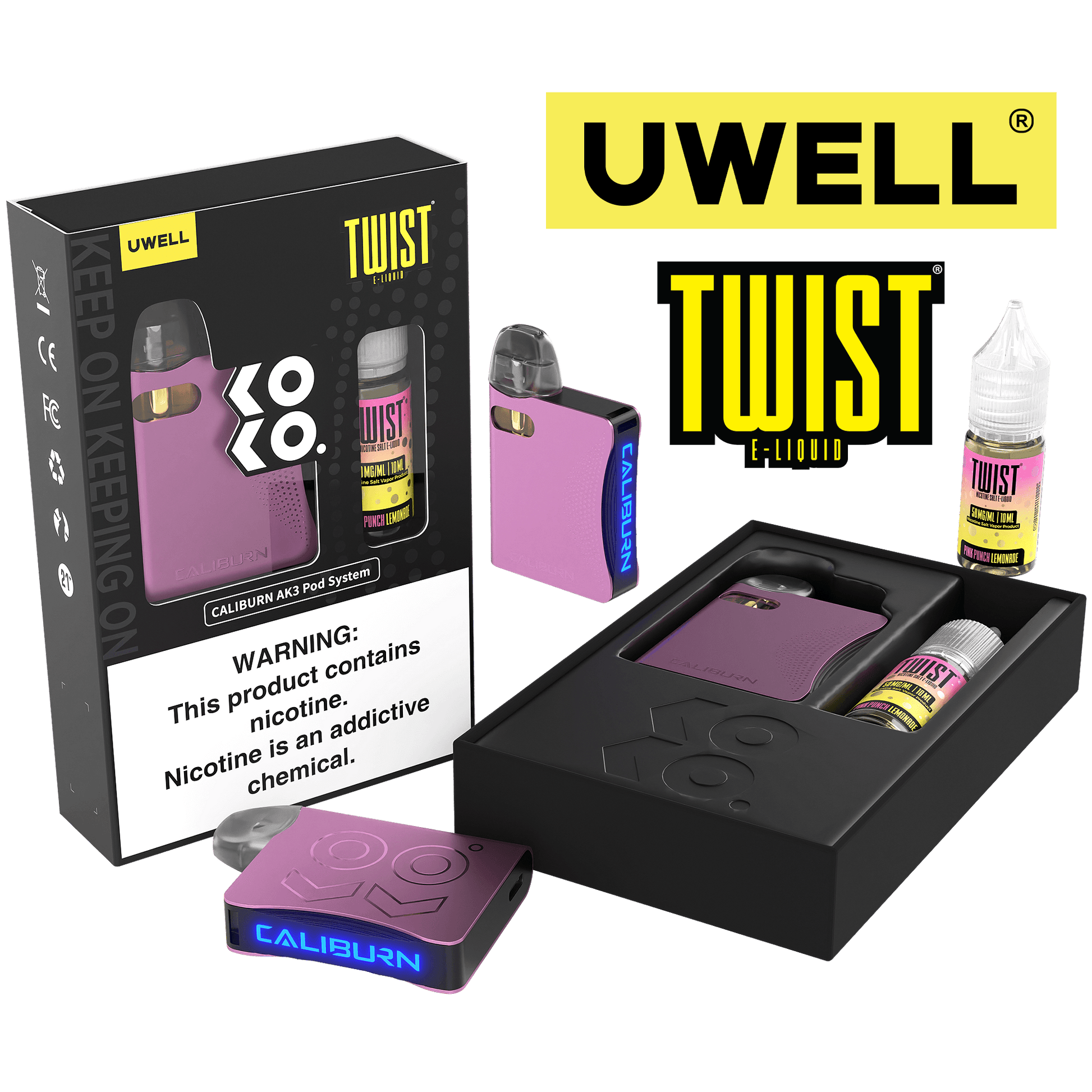 Uwell Caliburn AK3 Kit + Daddy’s Vapor 10mL Salts 50mg | Pink Punch Lemonade with Packaging