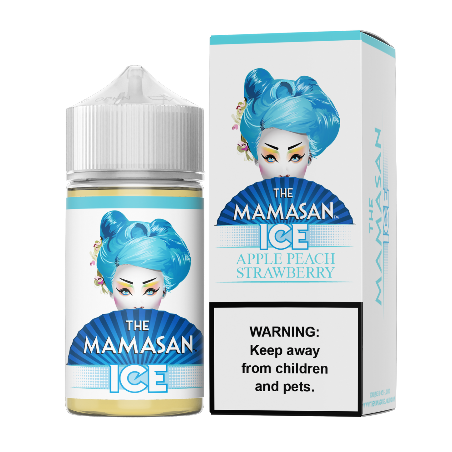 The Mamasan Series E-Liquid 60mL Apple Peach Strawberry Ice with packaging