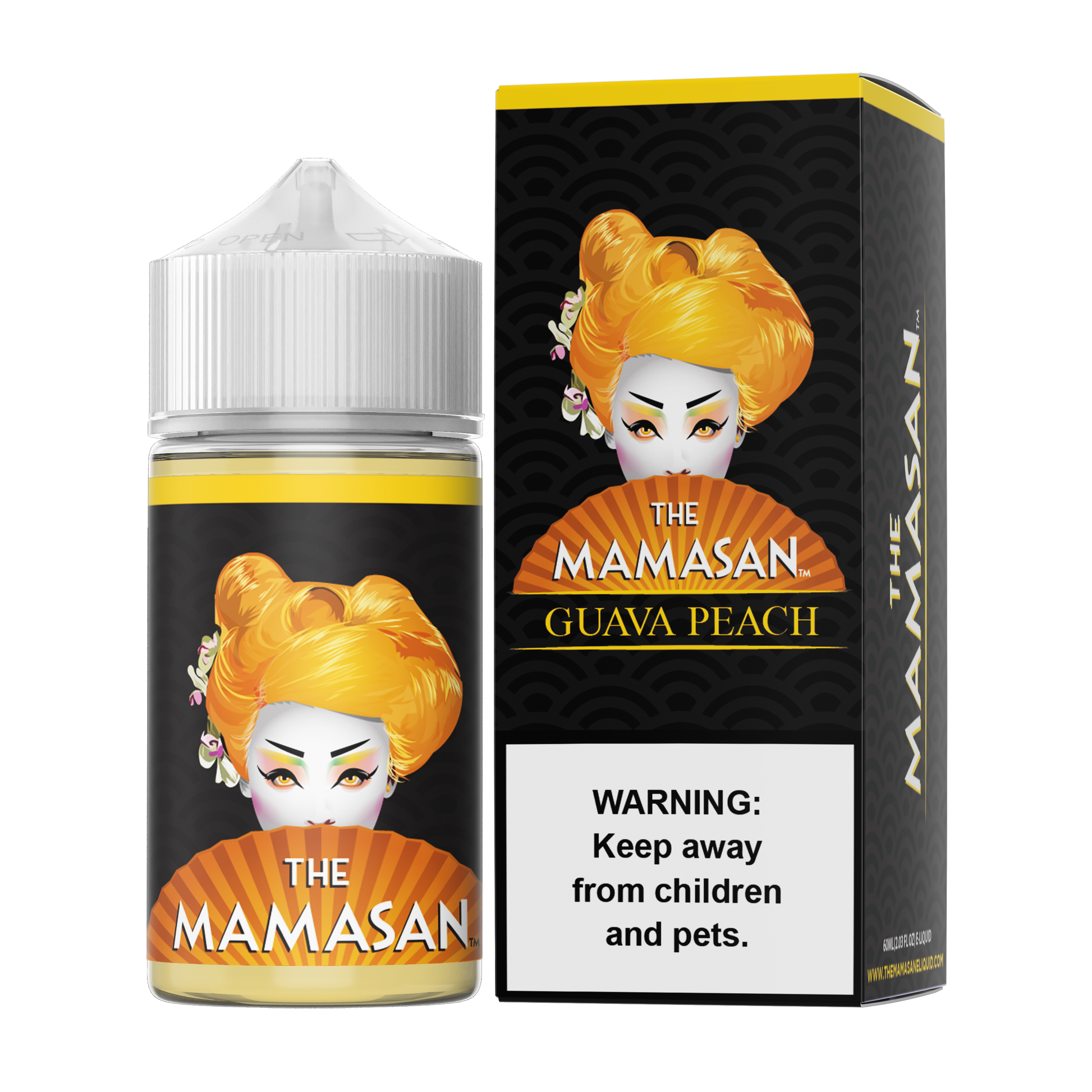The Mamasan Series E-Liquid 60mL Guava Peach with packaging