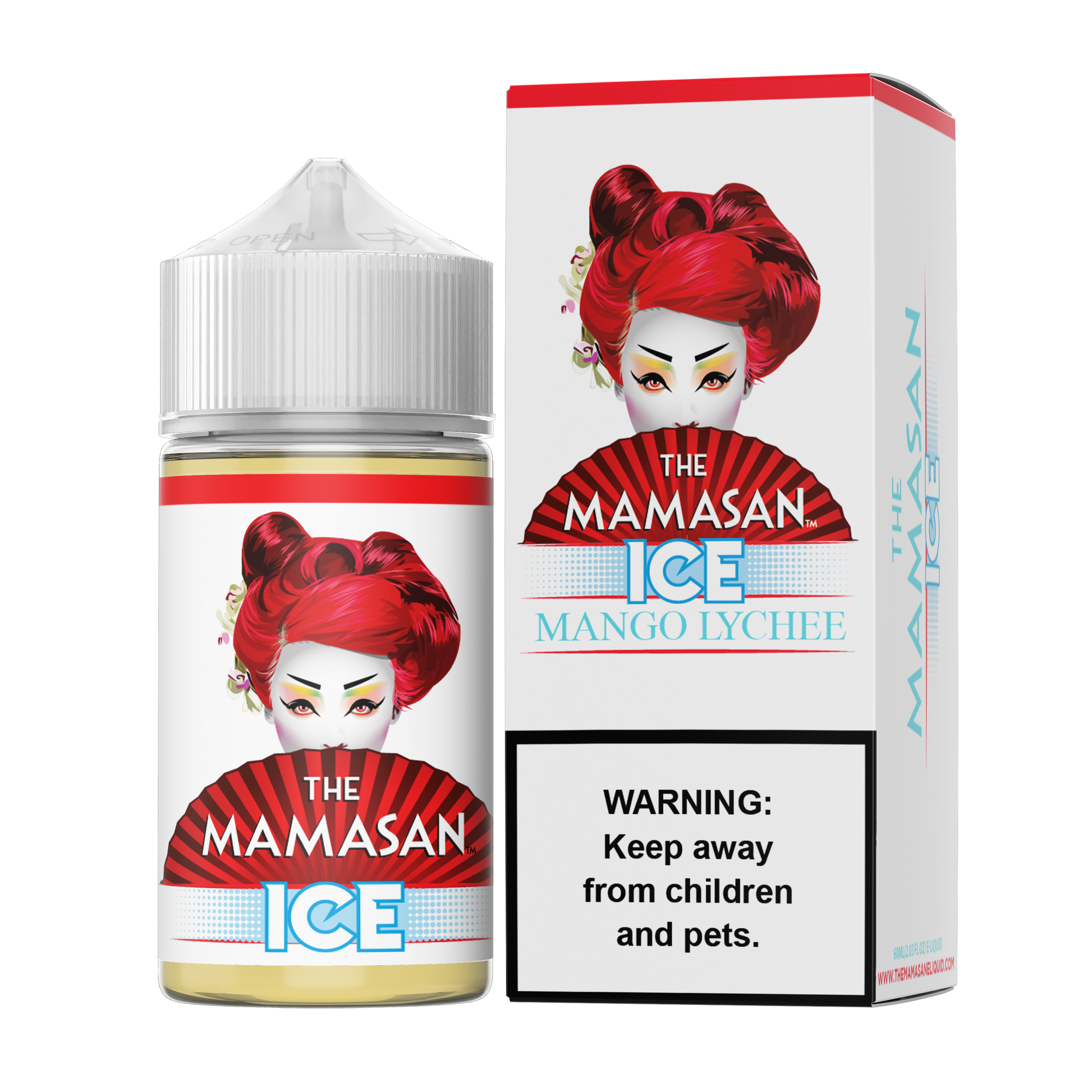 The Mamasan Series E-Liquid 60mL Mango Lychee Ice with packaging