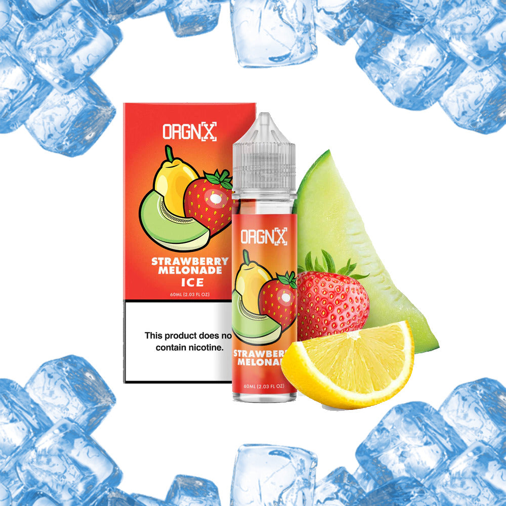 ORGNX Series E-Liquid | 60mL (Freebase) Strawberry Melonade Ice With Packaging With Background