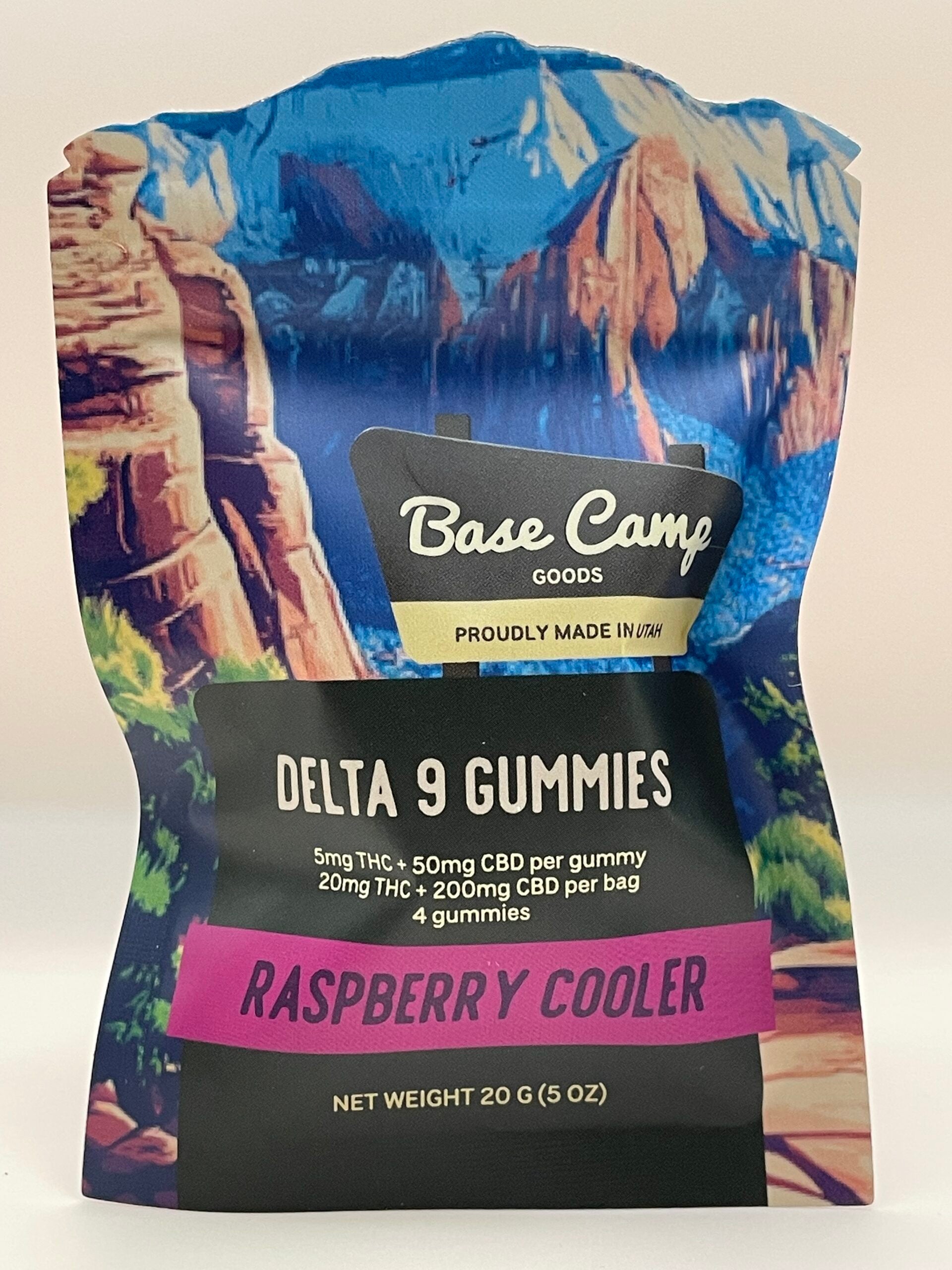 Base Camp Goods Gummies 4/20pk Raspberry Cooler with packaging