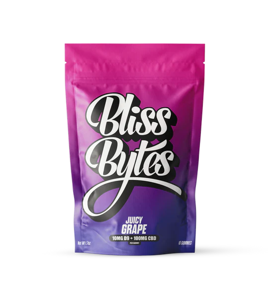 Bliss Bytes THC Gummies 20/10pk Juicy Grape with packaging