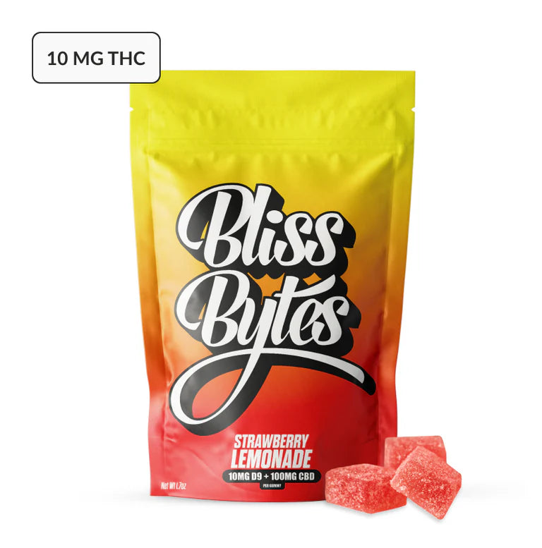 Bliss Bytes THC Gummies 20/10pk Strawberry Lemonade with packaging