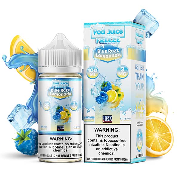 Pod Juice Series E-Liquid 100mL (Freebase) | 3mg Blue Razz Lemonade Freeze  with Packaging