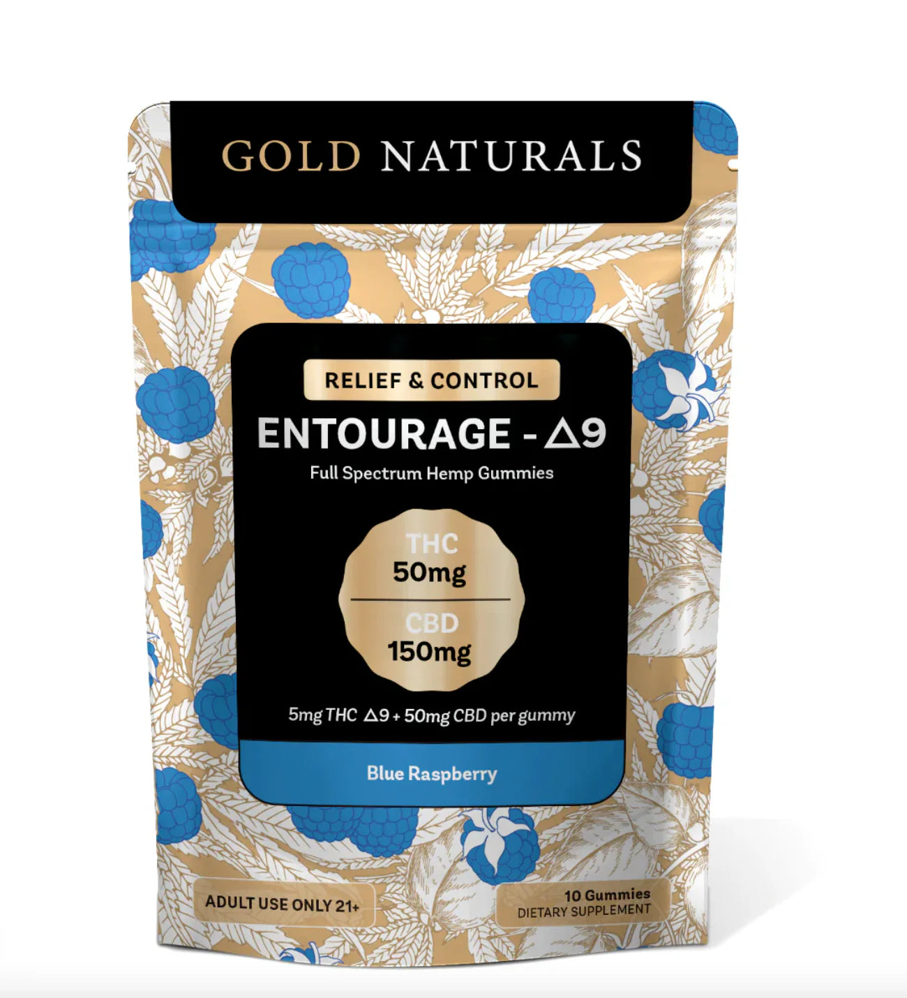 Gold Naturals Entourage D9 Hemp Gummies 10Ct Blue Raspberry (Relief & Control)