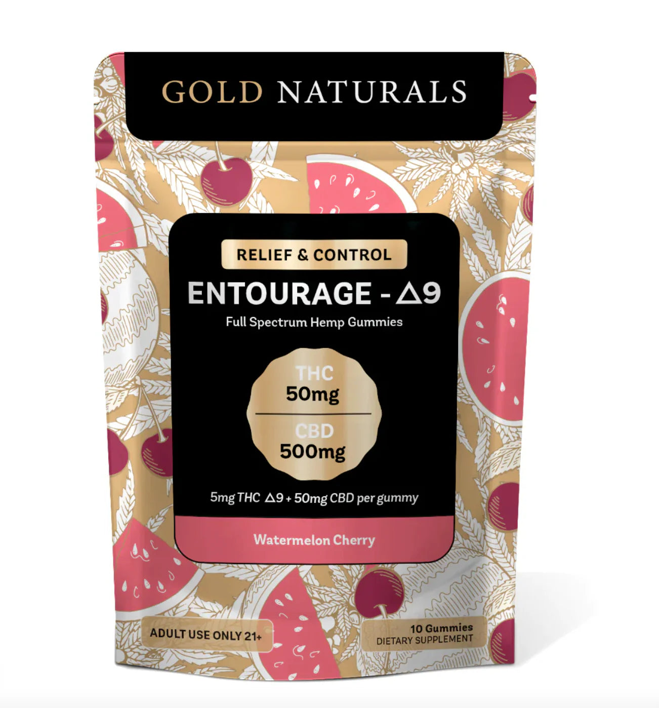 Gold Naturals Entourage D9 Hemp Gummies 10Ct Watermelon Cherry (Relief & Control)