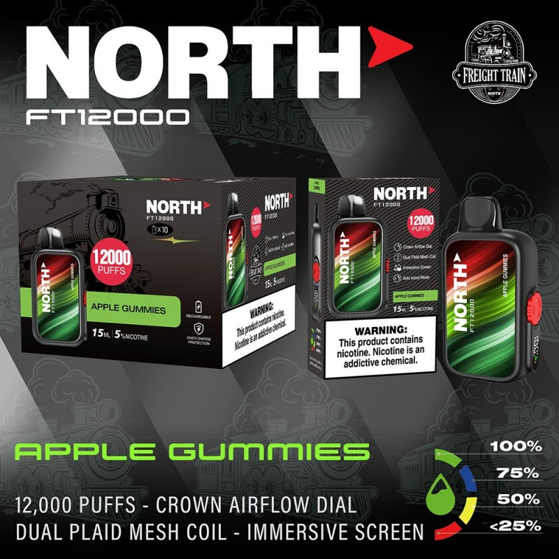 North FT12000 Fright Train 5% 10ct Apple Gummies with Packaging and Background