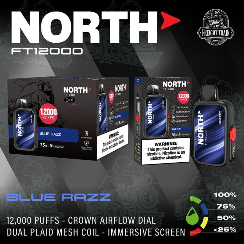 North FT12000 Fright Train 5% 10ct Blue Razz with Packaging and Background