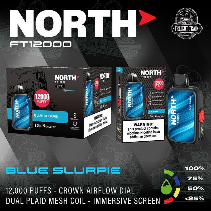 North FT12000 Fright Train 5% 10ct Blue Slurpie with Packaging and Background