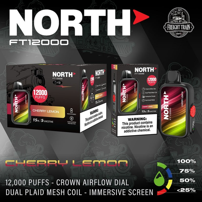 North FT12000 Fright Train 5% 10ct Cherry Lemon with Packaging and Background