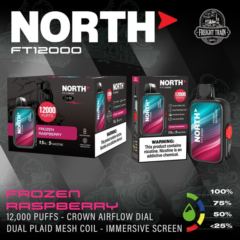 North FT12000 Fright Train 5% 10ct Frozen Raspberry with Packaging and Background