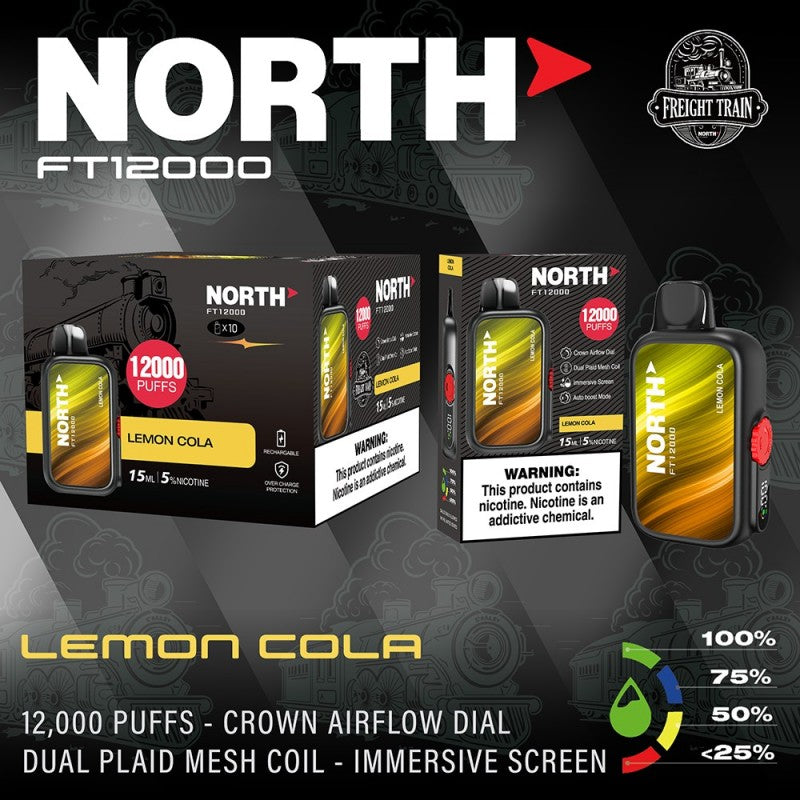 North FT12000 Fright Train 5% 10ct Lemon Cola with Packaging and Background