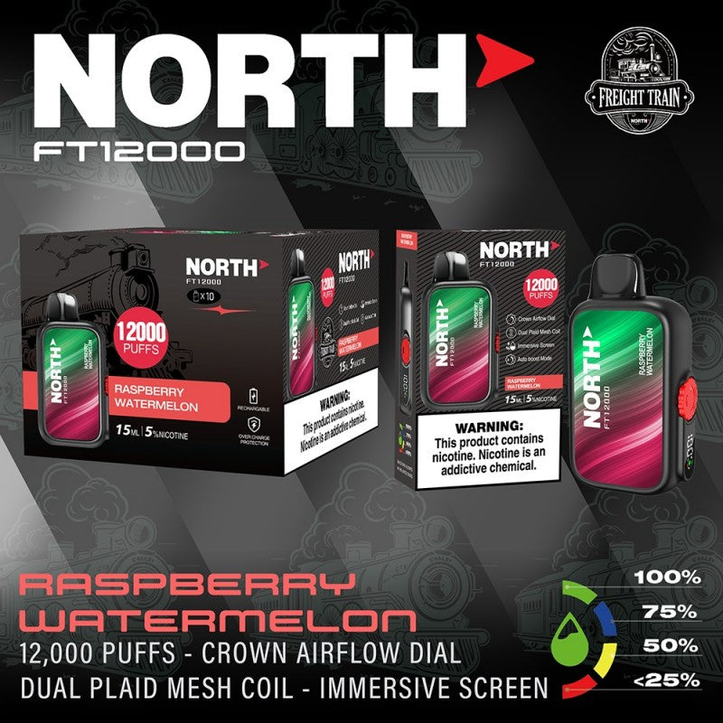 North FT12000 Fright Train 5% 10ct Raspberry Watermelon with Packaging and Background