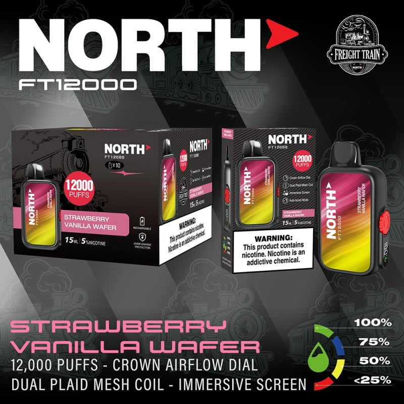 North FT12000 Fright Train 5% 10ct Strawberry Vanilla Wafer with Packaging and Background