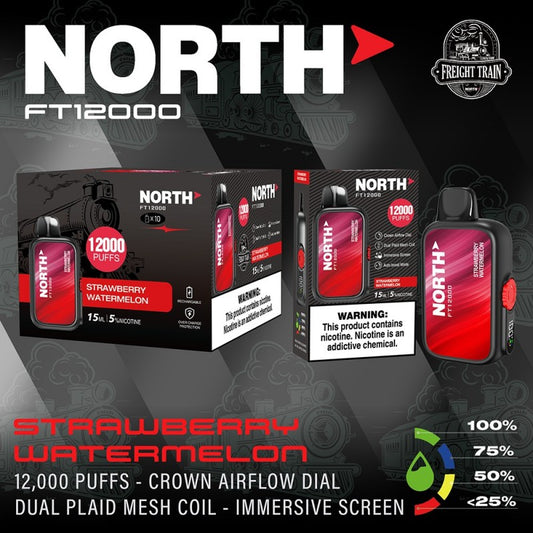 North FT12000 Fright Train 5% 10ct Strawberry Watermelon with Packaging and Background