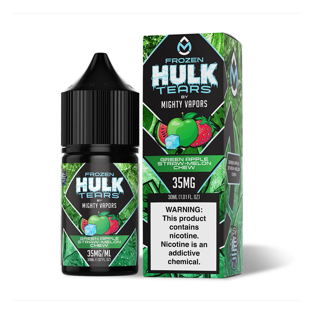 Mighty Vapors Hulk Tears Salt Series E-Liquid 30mL 35mg | Frozen Green Apple Straw Melon Chew with Packaging