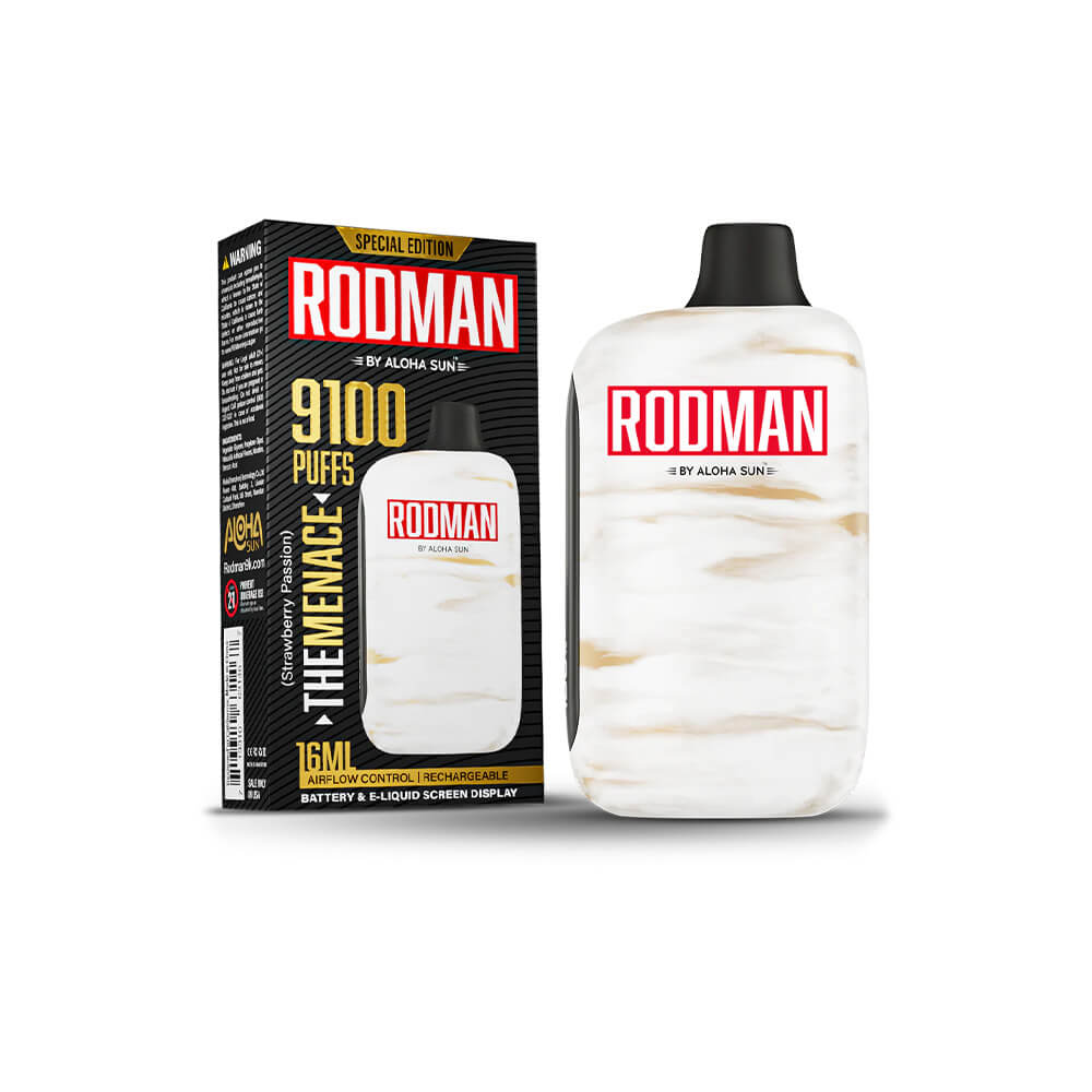 Aloha Sun Rodman Disposable 9100 Puffs 16mL 50mg | MOQ 10 | The Menace Strawberry Passion with Packaging