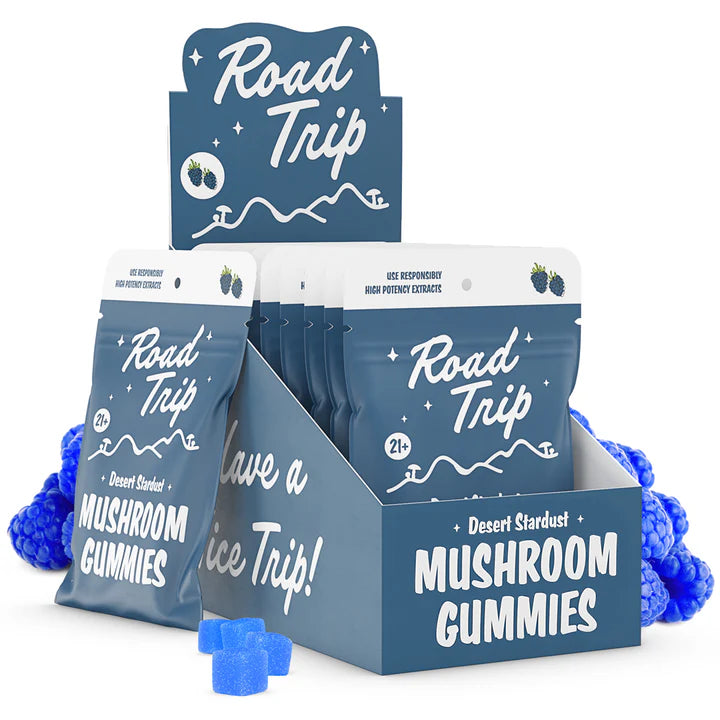 Road Trip Desert Stardust Mushroom Gummies 10Ct Blue Raspberry with packaging