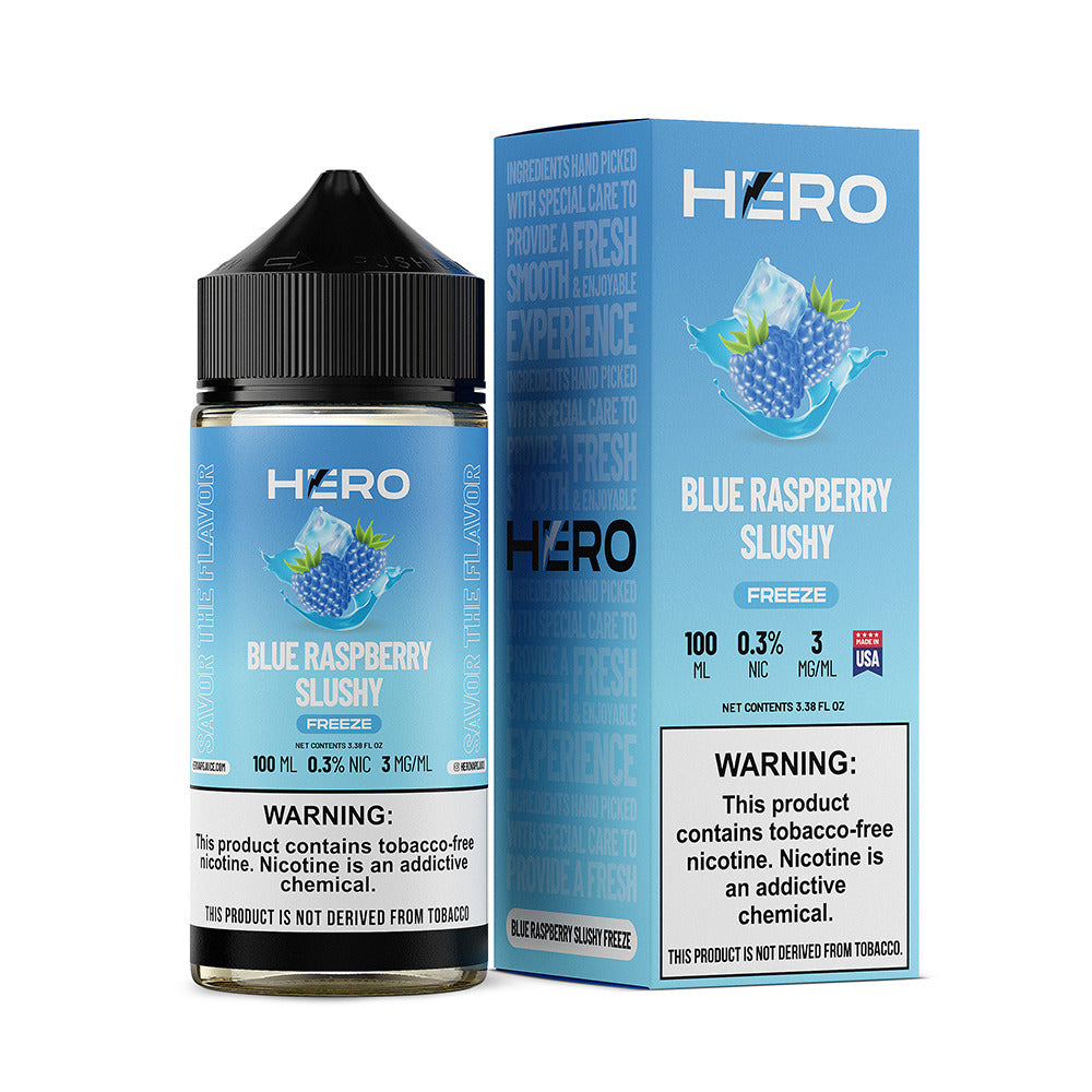 Hero E-Liquid 100mL (Freebase) | Blue Raspberry Slushy Freeze with Packaging