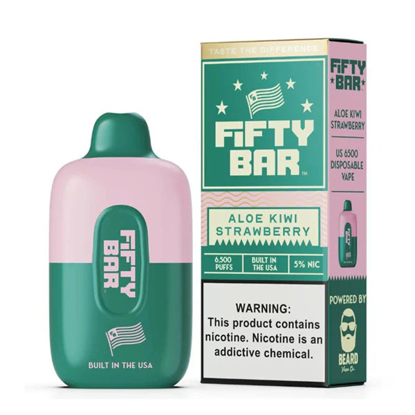 Fifty Bar Disposable 6500 Puffs 16mL 50mg | MOQ 5 | Aloe Kiwi Strawberry with packaging