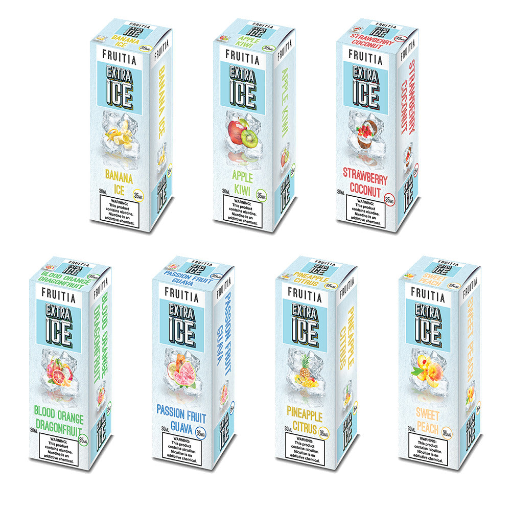 Fruitia Extra Ice Salt Series E-Liquid 30mL (Salt Nic) | 35mg Group Photo with packaging