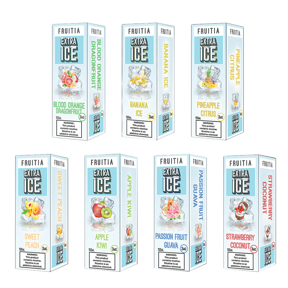 Fruitia Extra Ice Series E-Liquid 100mL (Freebase) Group Photo with packaging