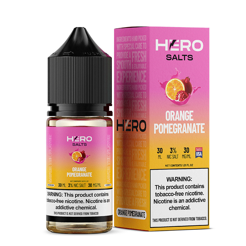 Hero E-Liquid 30mL (Salts) | Orange Pomegranate with packaging