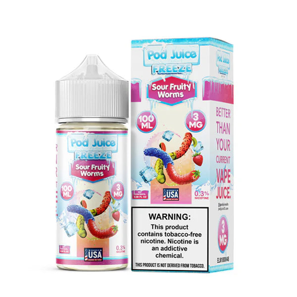 Pod Juice Series E-Liquid 100mL (Freebase) | 12mg | Sour Fruity Worms Freeze with packaging