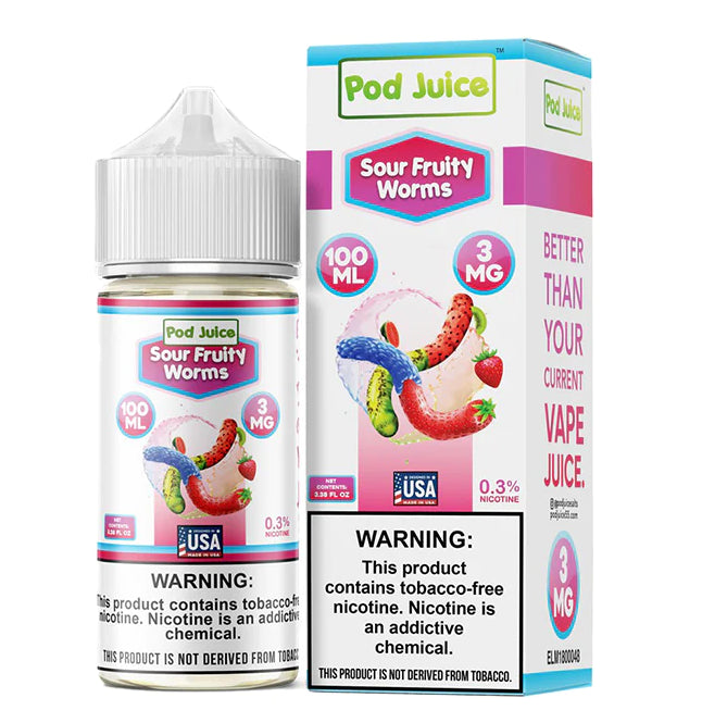 Pod Juice Series E-Liquid 100mL (Freebase) | 3mg Sour Fruity Worms with Packaging