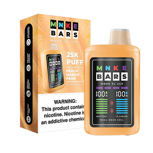 MNKE Bars Disposable 25000 Puffs 18mL 50mg | MOQ 5 | Peach Mango Pear with packaging