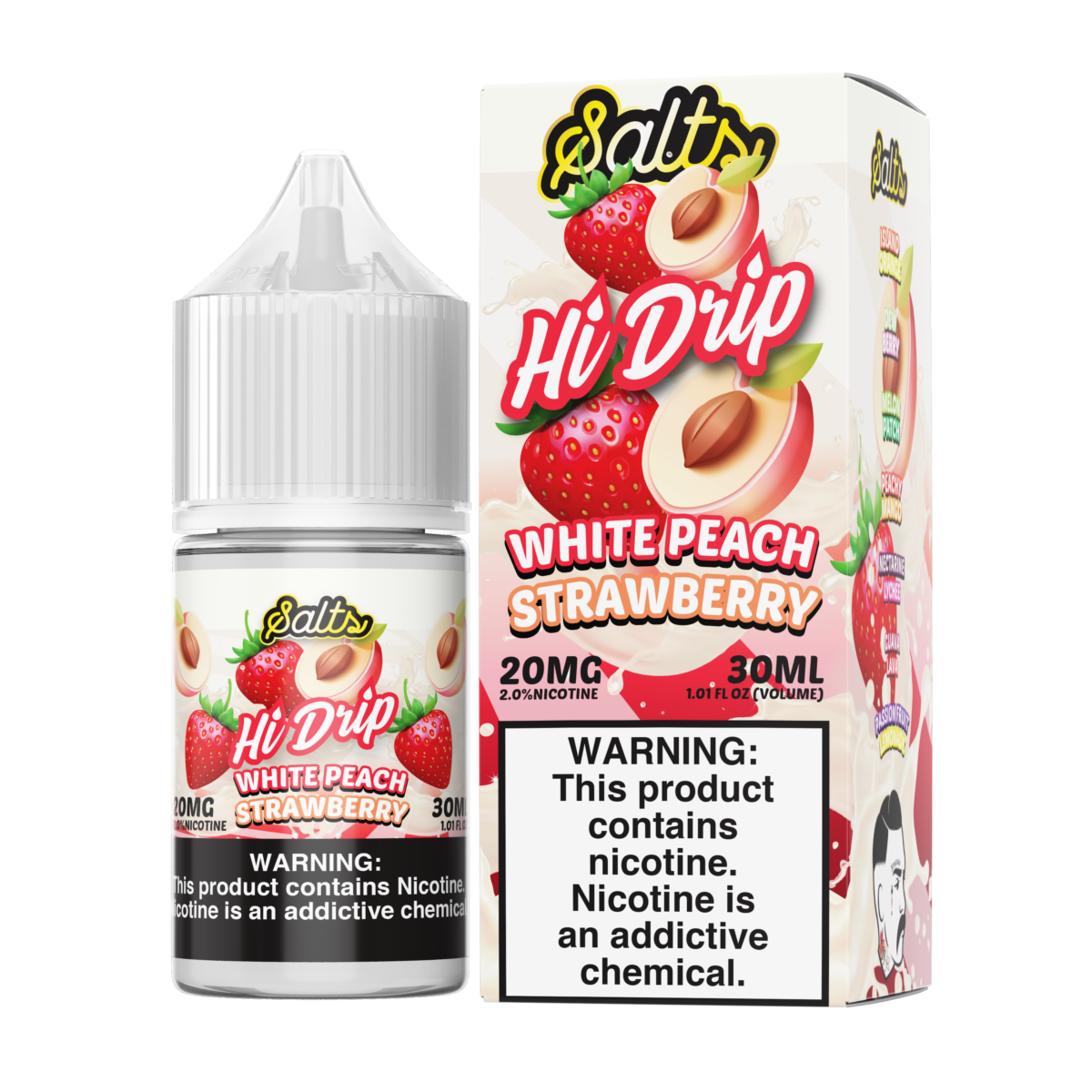 Hi-Drip Salt Series E-Liquid 30mL (Salt Nic) | White Peach Strawberry with packaging