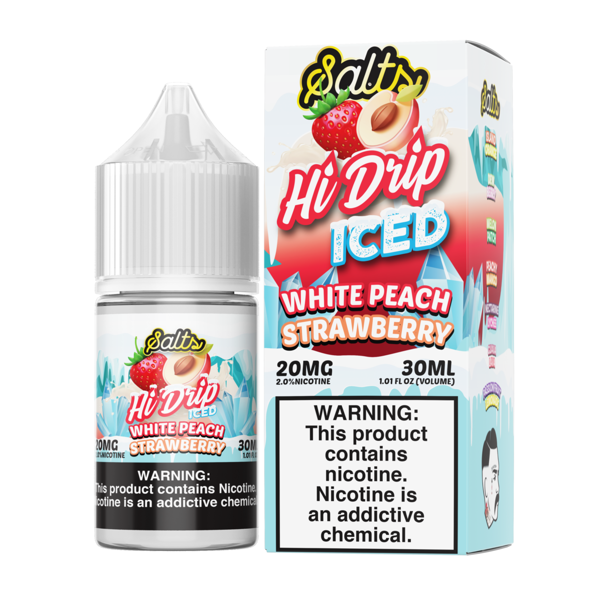 Hi-Drip Salt Series E-Liquid 30mL (Salt Nic) | White Peach Strawberry Iced with packaging 